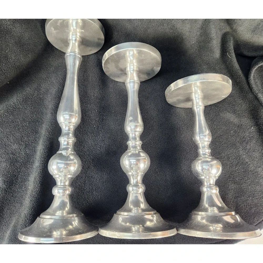 Three Tiered Pilar Candle Holders Set Silver Metal